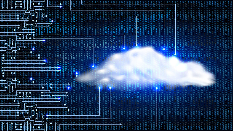 Data storage concept for electronics system, with digital concept cloud and binary code.