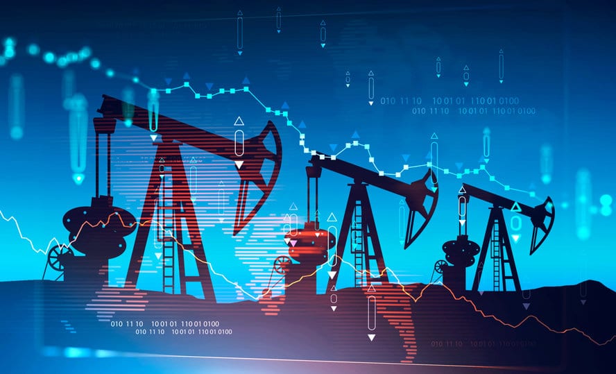 Three oil pumps over blue background with double exposure of falling blurry digital charts and planet hologram. Concept of oil market crisis. 3d rendering toned image